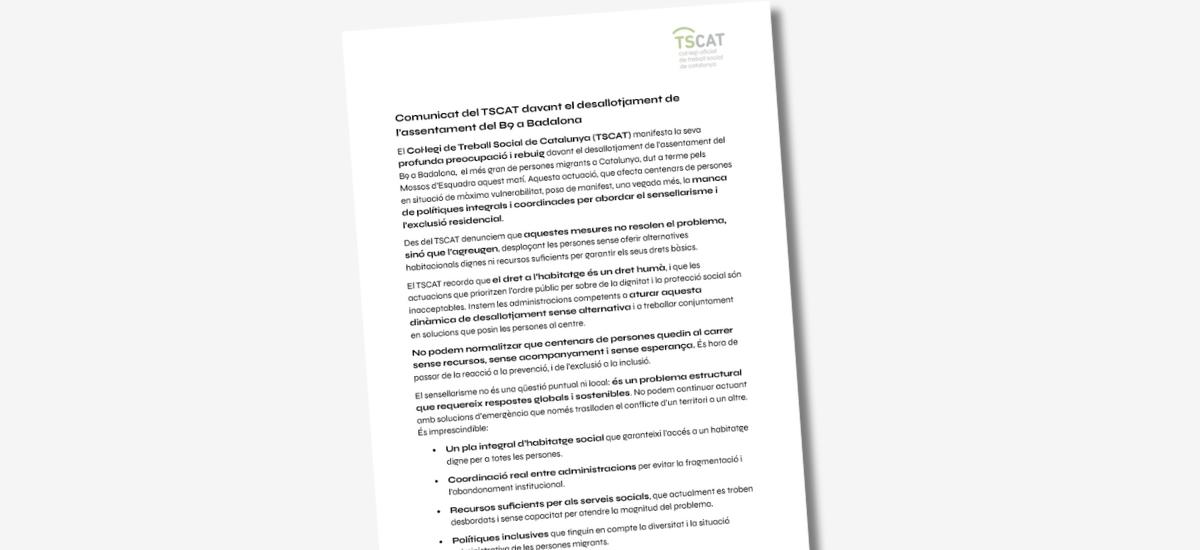 Comunicat desallotjament de l’assentament del B9 a Badalona