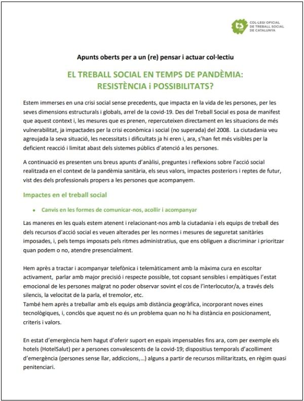 "El treball social social en temps de pandèmia: resistència i possibilitats? Apunts oberts per a un (re) pensar i actuar col·lectiu"