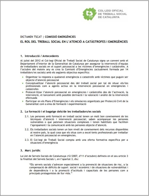 "Dictamen sobre el rol del Treball Social en l'atenció a catàstrofes i emergències"
